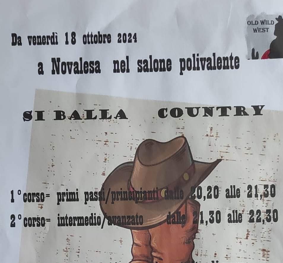 mercoledi 4 febbraio e tutti i mercoledi lezioni di ballo country OLD WILD WEST @ Novalesa TO Potrebbe essere un'immagine raffigurante stivali e il seguente testo "OLD OLDWILD WILD WEST Da venerdì 18 ottobre 2024 a Novalesa nel salone polivalente SI BALLA -마:요 COUNTRY د 1 corso- primi งุบริช 2 2°cor$o- intermedio/ 0,20 alle 21,30 1,30 1,30all22,30 1,30 alle 22,30"