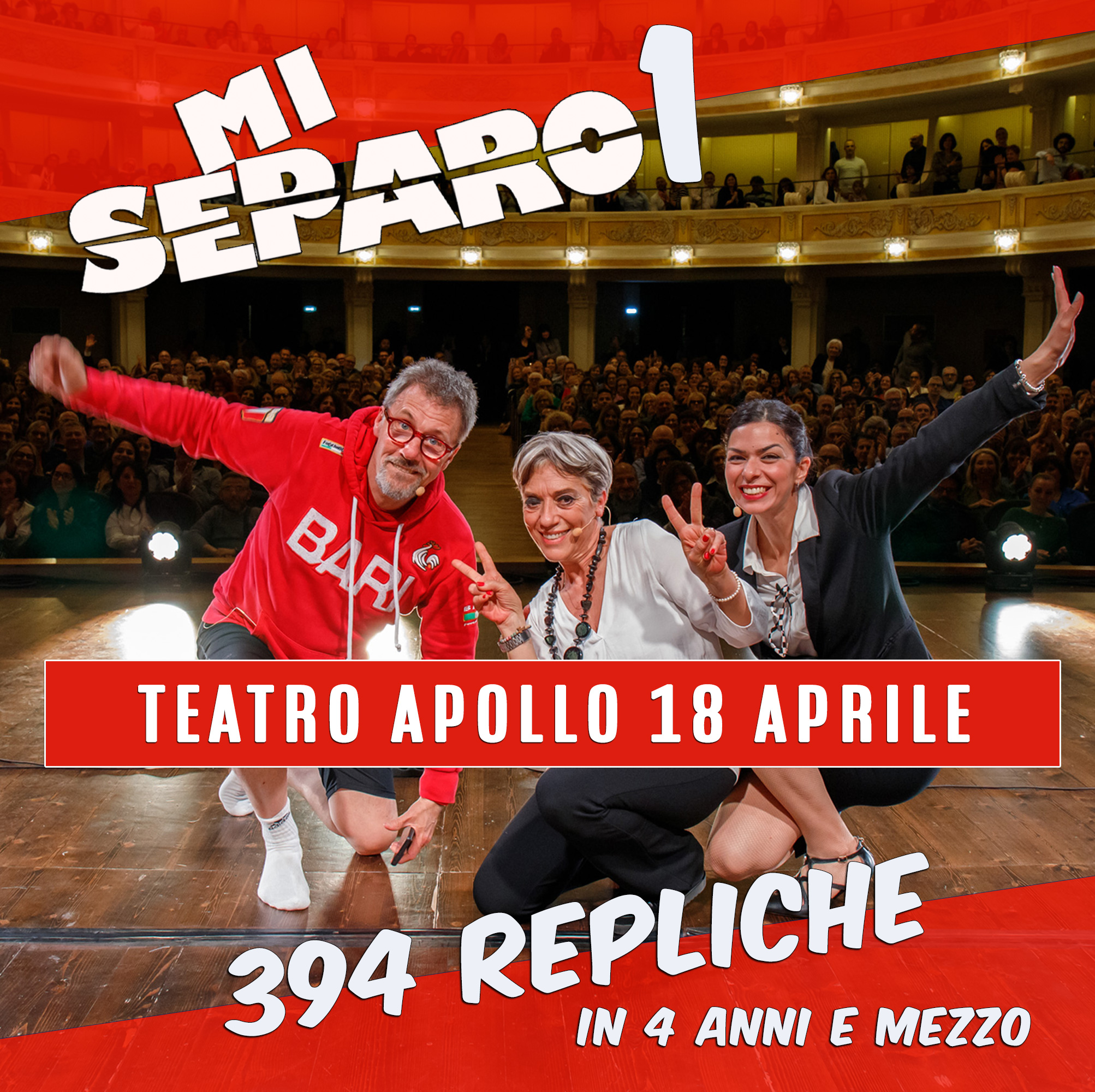 Mi Separo1 a Lecce Potrebbe essere un'immagine raffigurante il seguente testo "SEARSI MI TEATRO APOLLO 18 APRILE 394 REPLICHE IN 4 ANNI E MEZZO"