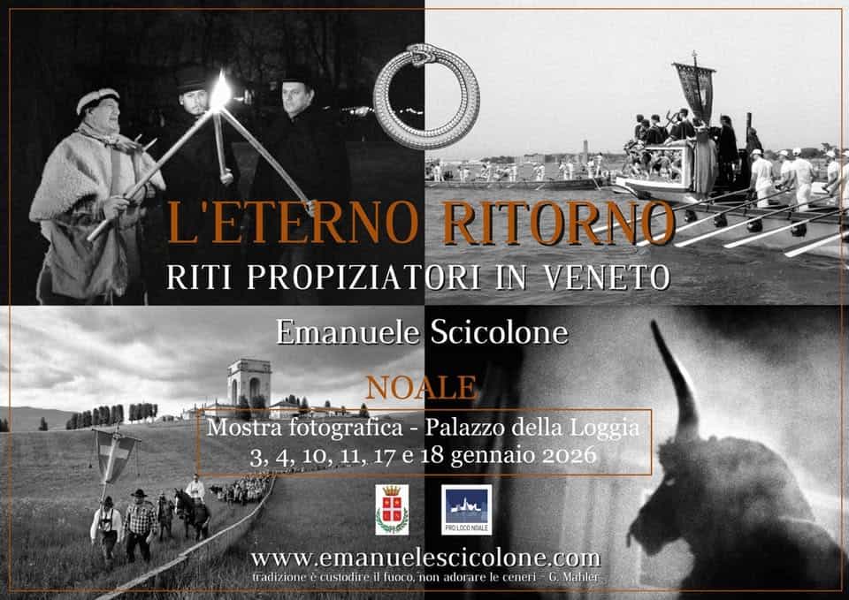 Potrebbe essere un'immagine raffigurante ‎monumento e ‎il seguente testo "‎م L'ETERNO RITORNO RITI PROPIZIATORI IN VENETO Emanuele Scicolone NOALE Mostra fotografica -Palazzo della Loggia 3, 3,4, 4, 10, 11, e 18 gennaio 2026 -l معلر PROLOCONOALE PROLOCO www.emanuelescicolone.com www tradizione ecustodire fuoco non ineclbbollte ador ceneri G. Mahler‎"‎‎