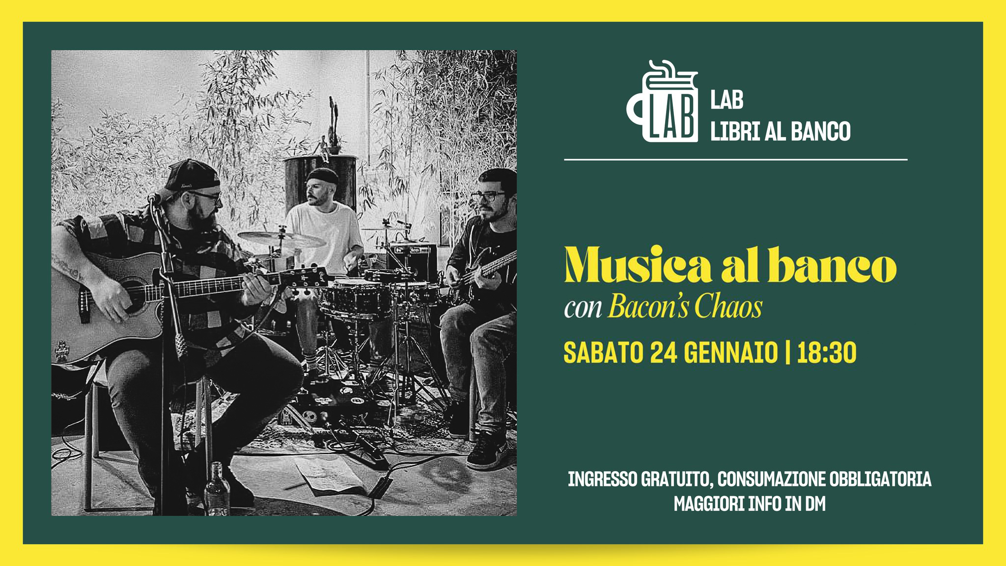 Musica al banco – Bacon’s Chaos Potrebbe essere un'illustrazione raffigurante testo