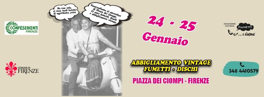 Evento nuovi arrivi al Mercatino di piazza dei Ciompi Firenze Locandina nuovi arrivi al Mercatino di piazza dei Ciompi Firenze - da sabato 24 gennaio - domenica 25 gennaio 2026 ore 09:00 ore 19:30