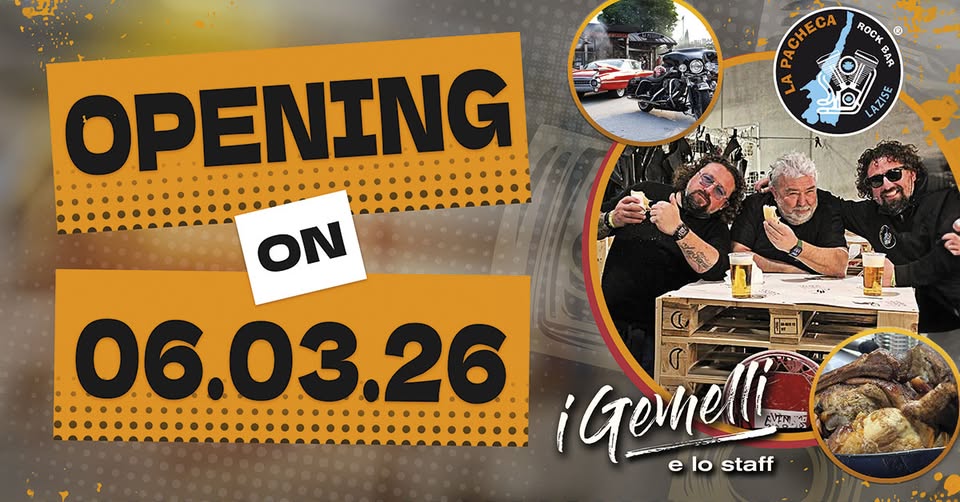 OPENING 2026 – LA PACHECA Lazise Potrebbe essere un'immagine raffigurante il seguente testo "AEECA PACHECA ROCK BAR L AZISE OPENING ON 06.03.26 Gomell elostaff lo staff e"