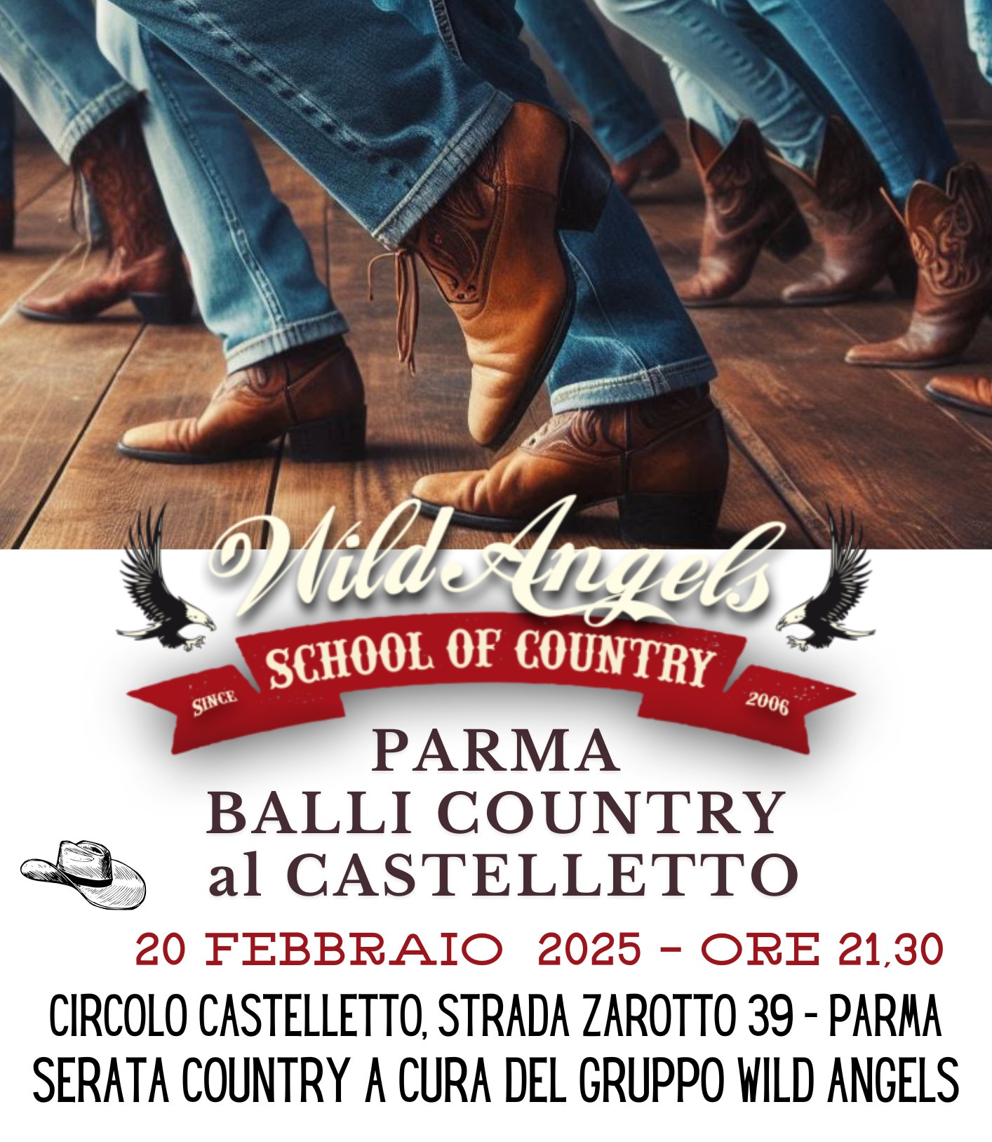 Parma Country, circolo Castelletto Potrebbe essere un'immagine raffigurante stivali e il seguente testo "สุน dothe Nildonyelo Wilde Angelo SCHOOL COUNTRY SINCE 2006 PARMA BALLI COUNTRY al CASTELLETTO 20 FEBBRAIO 2025- ORE 21,30 CIRCOLO CASTELLETTO, STRADA ZAROTTO 39 -PARMA SERATA COUNTRY A CURA DEL GRUPPO WILD ANGELS"