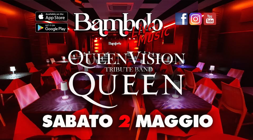 QUEEN VISION Tributo Full Band ( da Ferrara ) Potrebbe essere un'immagine raffigurante il seguente testo "Avai co Αν vailableont the App AppStore Store You Tube GETITON ITON Google Play Bambokor fo f Bumbnto AMUSiC UEENVISION TRIBU TRIBUTEBAND ITE BAND QUEEN SABATO 2 MAGGIO"