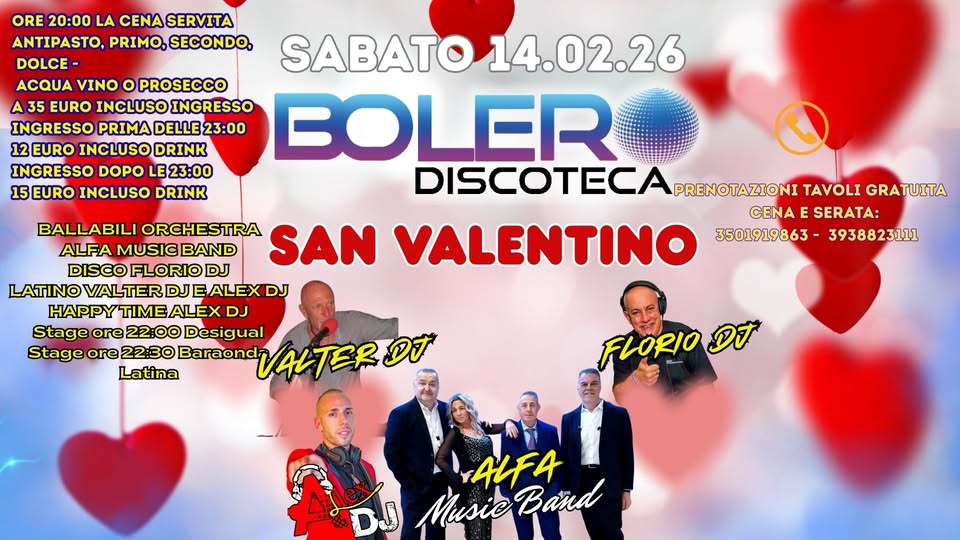 Evento Sabato 14/02/26 Discoteca BOLERO Multisala Locandina Sabato 14/02/26 Discoteca BOLERO Multisala - sabato 14 febbraio ore 20:00 - 22:00
