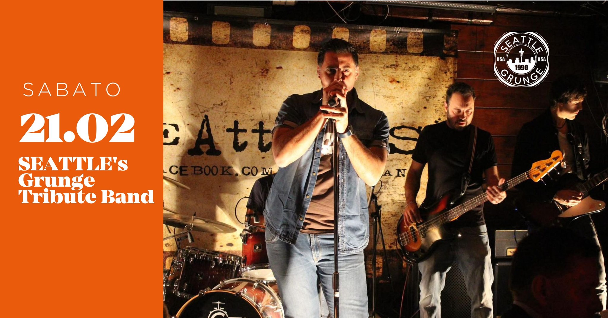 ✨SEATTLE’s – Grunge Tribute Band | Dakota Pub @Vigonza (PD)✨ Potrebbe essere un'immagine raffigurante chitarra e il seguente testo "SA GRUNGE 1990 1990 ج SABATO 21.02 DAtt C tt SEATTLE's Grunge COM Tribute Band"