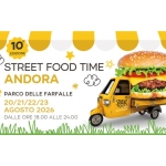 Street Food Time Andora Potrebbe essere un disegno raffigurante hamburger e il seguente testo "10 EDIZIONE STREET FOOD TIME ANDORA PARCO DELLE FARFALLE 20/21/22/23 AGOSTO 2026 DALLE ORE 8.00 ALLE 24.00 Mw/we malh MAaMAA mo street Fond"