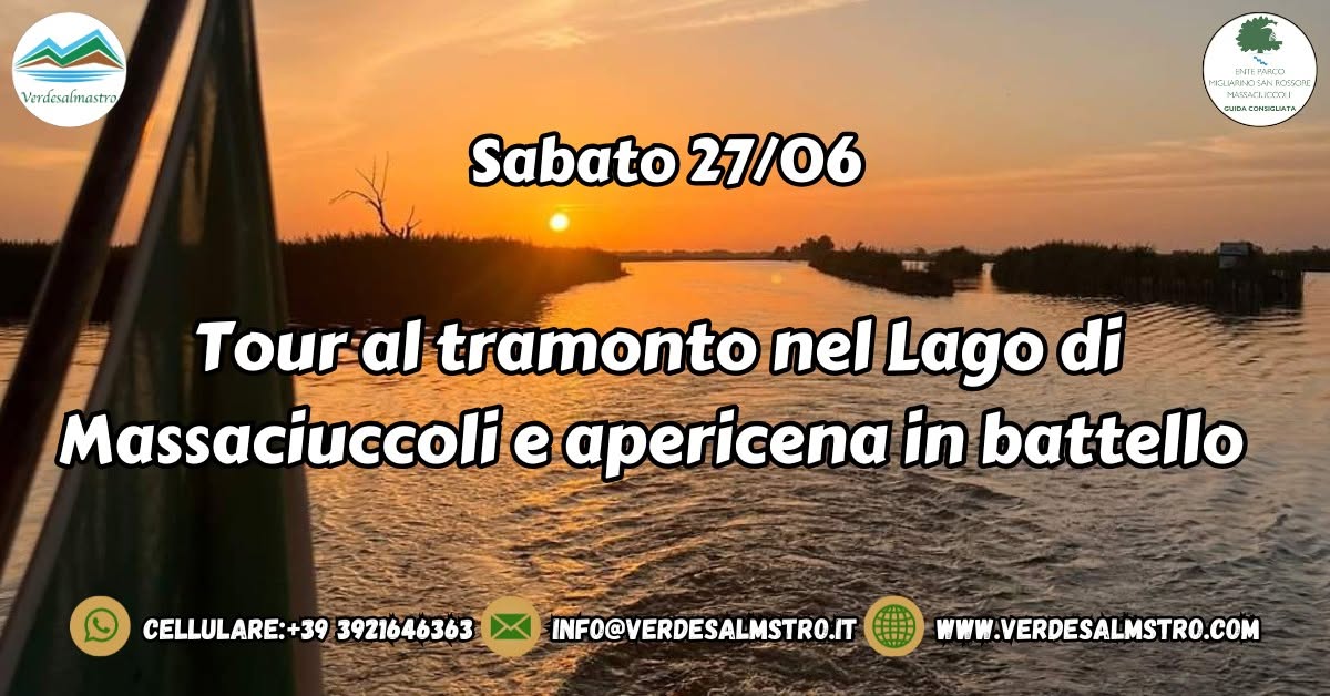 Evento Tour al tramonto nel Lago di Massaciuccoli e apericena in battello Locandina Tour al tramonto nel Lago di Massaciuccoli e apericena in battello - sabato 27 giugno ore 19:00 - 22:00