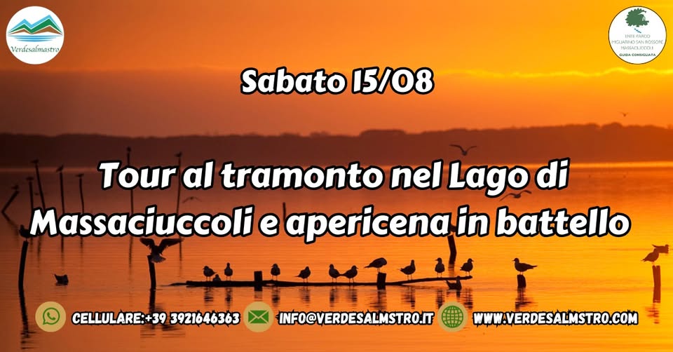 Evento Tour al tramonto nel Lago di Massaciuccoli e apericena in battello Locandina Tour al tramonto nel Lago di Massaciuccoli e apericena in battello - sabato 15 agosto ore 19:00 - 22:00