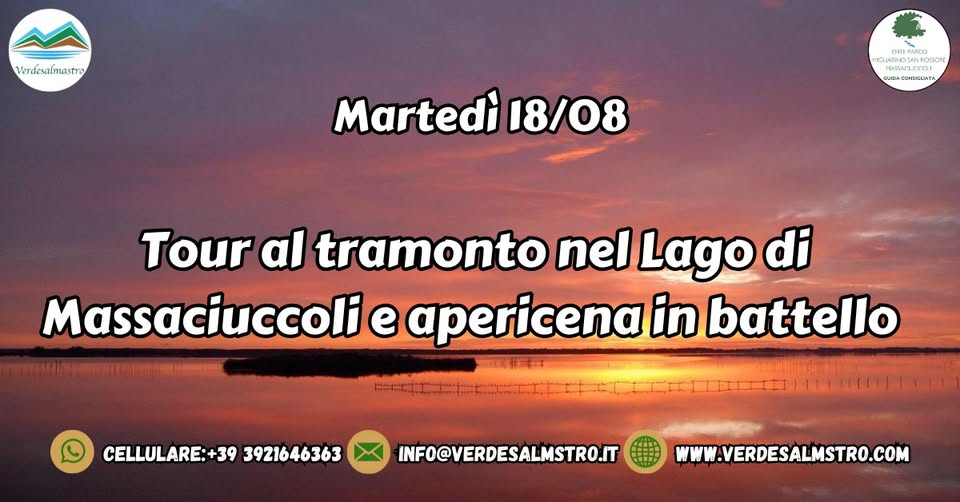 Evento Tour al tramonto nel Lago di Massaciuccoli e apericena in battello Locandina Tour al tramonto nel Lago di Massaciuccoli e apericena in battello - martedì 18 agosto ore 19:00 - 22:00