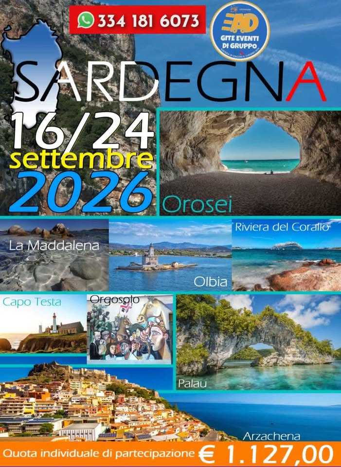Evento Tour Della Sardegna In Gruppo (16/24/Settembre) Locandina Tour Della Sardegna In Gruppo (16/24/Settembre) - da mercoledì 16 settembre - giovedì 24 settembre 2026 ore 05:00 ore 20:00