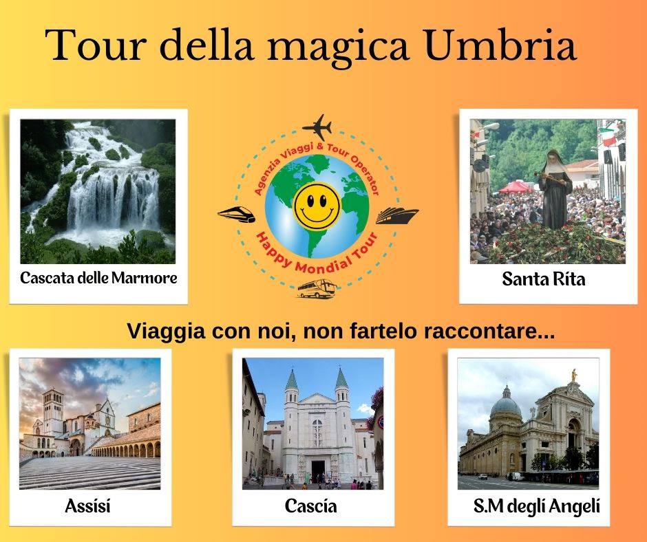 Tour dell’Umbria dal 20 maggio al 24 Maggio a € 495,00 Potrebbe essere un'immagine raffigurante il seguente testo "Tour della magica Umbria Viaggi & Tour operator 98 ម Cascata delle Marmore Happy MondialTout SantaRíta Santa Ríta Viaggia con noi, non fartelo raccontare... 牛 Assísi Cascía S.MdegliAngeli S.M degli Angelí"
