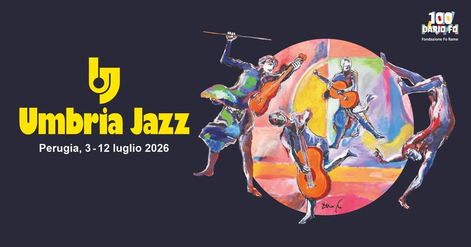 Umbria Jazz • July 3 – 12, 2026 Potrebbe essere un'immagine raffigurante tromba, sassofono e il seguente testo "し Umbria Jazz Perugia, Perugia,3-12lugl 3- 3-12 12 luglio 2026"
