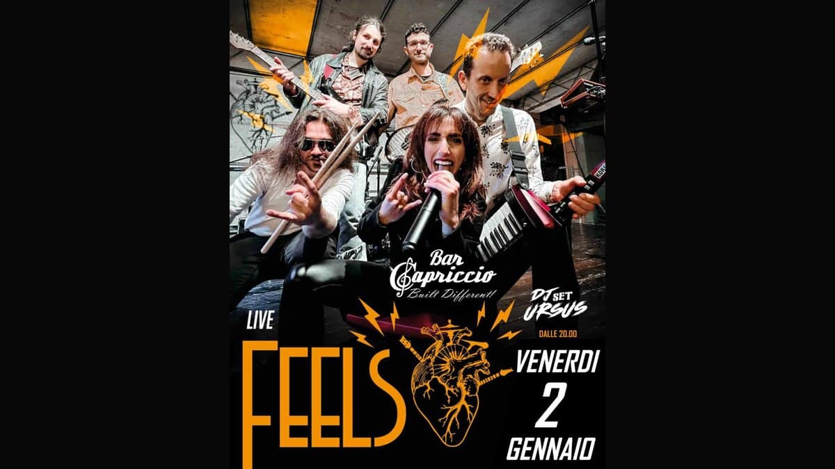 Venerdi 2 Gennaio 2026 💥 Live: Feels & Rock DJSet Party @Bar Capriccio Potrebbe essere un'immagine raffigurante il seguente testo "ROR Ora Capriccio BuiltDifferent Bar LIVE FEELS DISET URSUS DALLE20.00 DALLE VENERDI 2 GENNAIO"