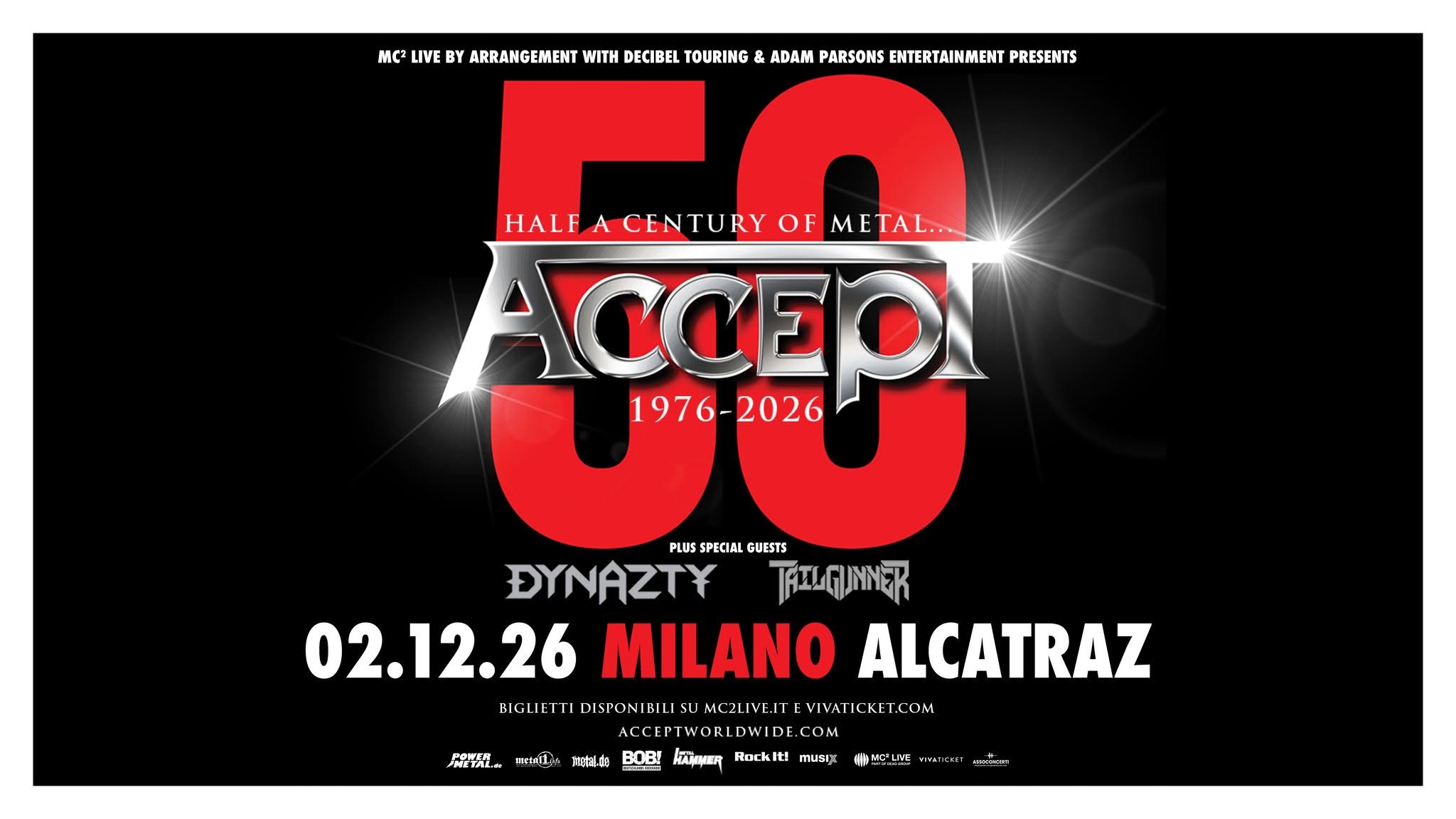 Evento ACCEPT – Half a Century of Metal 1976 – 2026 Milano, Alcatraz Locandina ACCEPT – Half a Century of Metal 1976 – 2026 Milano, Alcatraz - mercoledì 2 dicembre ore 19:00 - 21:00