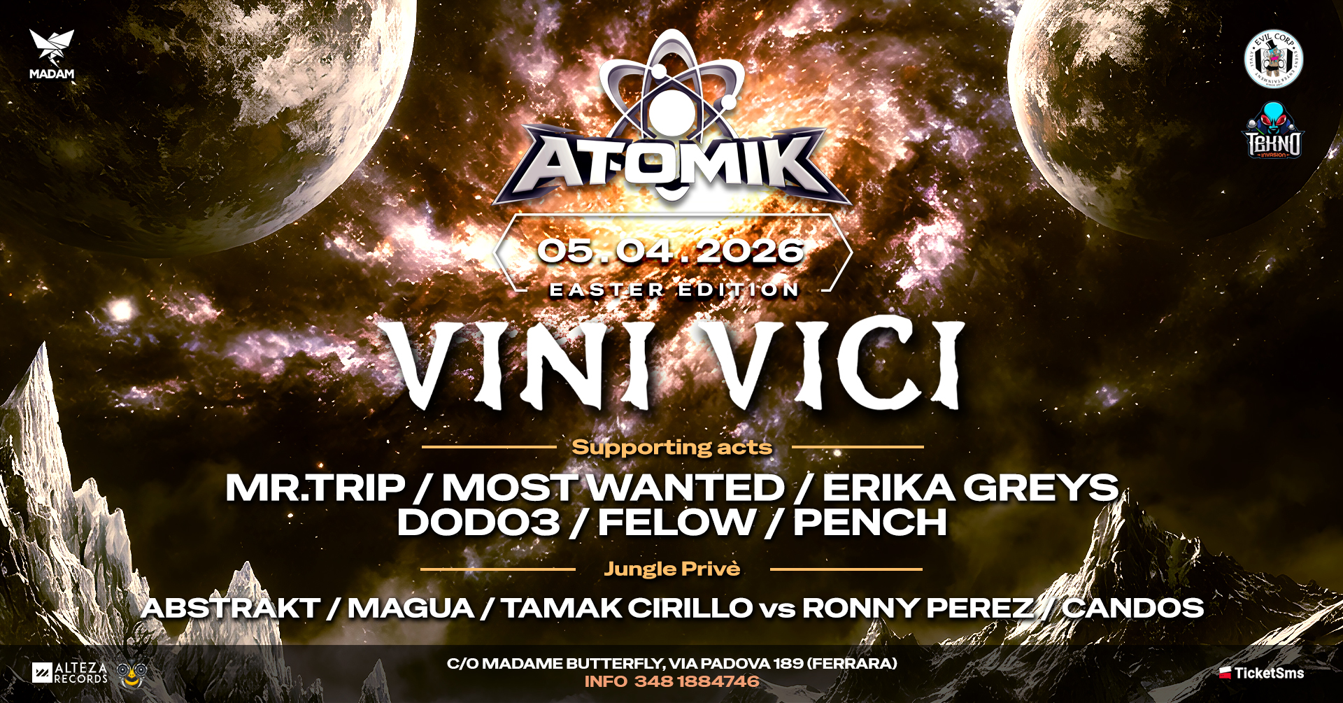 Potrebbe essere un'immagine raffigurante ‎il seguente testo "‎*HADAN ATOMIK 05.04.2026 05.04 05. .04.2026 04 2026 EASTER E EDITION EASTEREDITION EDI TBHNO ت 蓝化 عت VINI VINIVICI VICI MORETBA C/OMADAME BUTTERFLY C/OMADAMEBTERTAPAPADOM1F ИΑ PADOVA 189 89(FERRARA) INFO 1884746 TicketSms‎"‎
