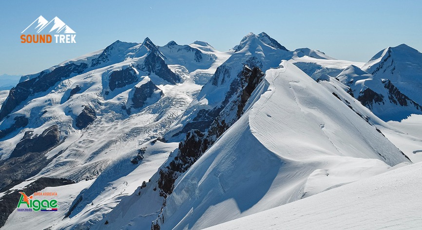 Breithorn Occidentale 4165M per l’Alta Via N°1 della Valle d’Aosta Potrebbe essere un'immagine raffigurante montagna, pista da sci e il seguente testo "SOUND TREK Aigae BИBA ASSICATA"