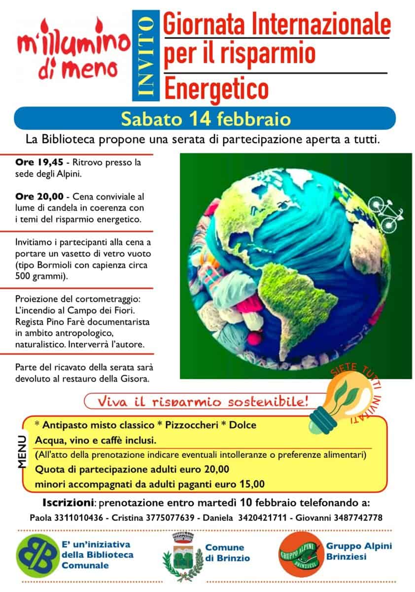 Evento Brinzio per M’illumino di meno 2026 Locandina Brinzio per M’illumino di meno 2026 - sabato 14 febbraio ore 19:45 - 23:45