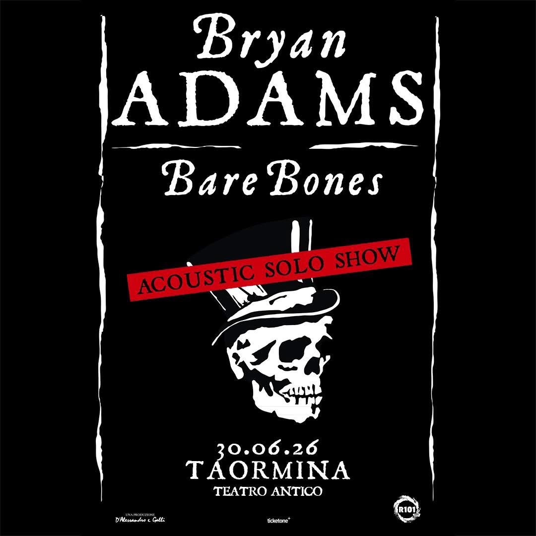 Bryan Adams 30 Giugno 2026 Taormina(Me) Teatro Antico Potrebbe essere un'immagine raffigurante testo