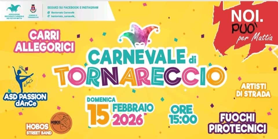 Carnevale di Tornareccio 2026 Potrebbe essere un'immagine raffigurante il seguente testo "SEEV DOMIRED TORNMARECGIO SEGUICI SU FACEBOOK SUFACEBOOKEINSTAGRAM EINSTAGRAM Bentomato BentomatoCamevale Camevale 88 bentornato bentormato_camevake. _camevale CARRI ALLEGORICI NOI. puO! per Mattia CARNEVALE di TORNARI TORNARECCIO AR RECCIO ARTISTI ASD PASSION DISTRADA dAnCe DOMENICA 15 FEBBRAIO 2026 HOBOS STREET STREETBAND BAND ORE 15:00 FUOCHI PIROTECNICI"