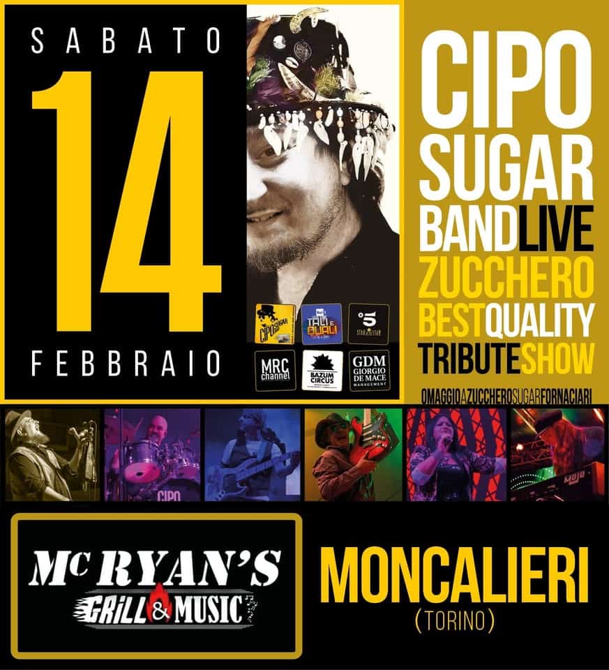 Evento Cipo Sugar Band Live! “Mc Ryan’s Grill & Music” Moncalieri (To) Locandina Cipo Sugar Band Live! “Mc Ryan’s Grill & Music” Moncalieri (To) - sabato 14 febbraio ore 21:45 - 23:45