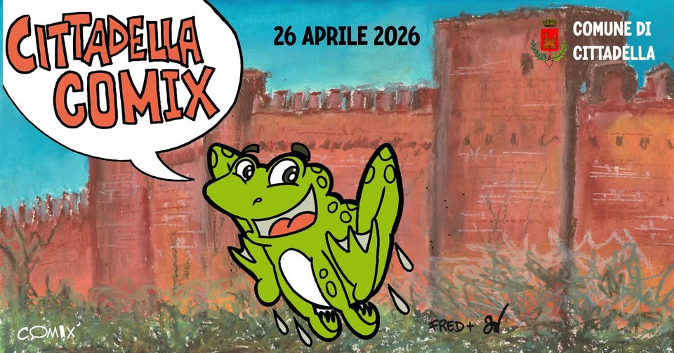 Cittadella Comix 2026 Potrebbe essere un disegno raffigurante il seguente testo "26 APRILE 26APRILE2026 2026 ዜማሪ COMUNEDI سوفليط Cn CITTADELLA COMX CITTADELLA COMIX COSPLAY.COMICS.GAMES COMICS. GAMES COSPLAY."