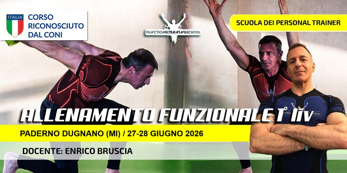 Potrebbe essere un'immagine raffigurante il seguente testo "OMTH FU/CTIOMALTRAIMWNGSCHOO FUNCTIOWALTE SCUOLA DEI PERSONAL TRAINER ALLENAMEN 1 FUNZIONALET หหัย CESANO MADERNO (MB) / 27-28 GIUGNO 2026 DOCENTE: ENRICO BRUSCIA"