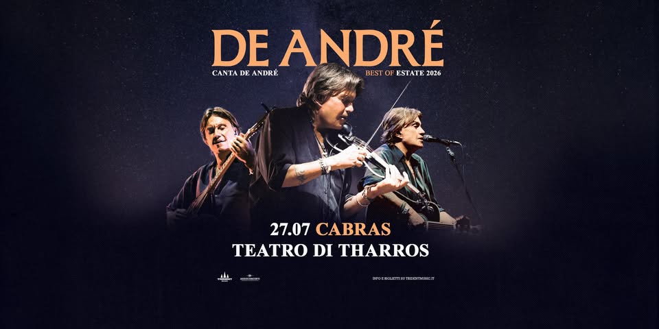 Evento Cristiano De André – Cabras (OR) – Teatro di Tharros, 27/07/2026 Locandina Cristiano De André – Cabras (OR) – Teatro di Tharros, 27/07/2026 - lunedì 27 luglio ore 21:00 - 23:00