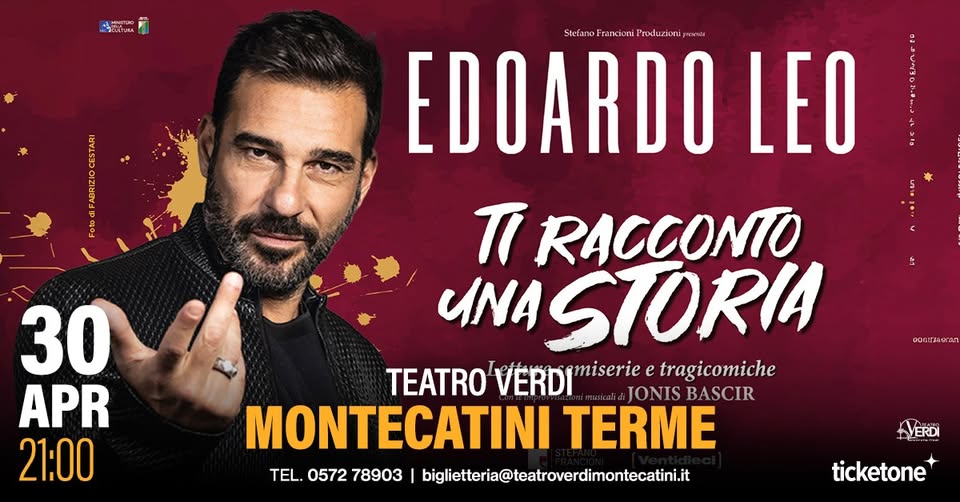 Potrebbe essere un'immagine raffigurante il seguente testo "きば EROULIURA na elano Francioni Produzion YNHVA EDOARDO LEO π RACCONTO ИΝA ASTORIA TEATRO VERDI miserie e tragicomiche JONISBASCIR JONIS BASCIR MONTECATINI TERME TEL. TEL.0572 0572 78903 bigilth@hteatroverdimontecati 30 APR 21:00 #YERD ERDI ticketone"
