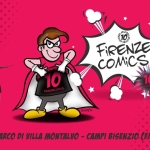 Firenze Comics 10° Fiera Internazionale Cosplay Fumetti Videogames Cinema Potrebbe essere un'illustrazione raffigurante Superman e il seguente testo "5-6 SETTEMBRE FiRENZE 20I-3 የጉ-ዘጋባ COMiCS 10 10 10 ESPEN PARCO DI VILLA MONTALVO -CAMPИ BISENZIO (FI)"