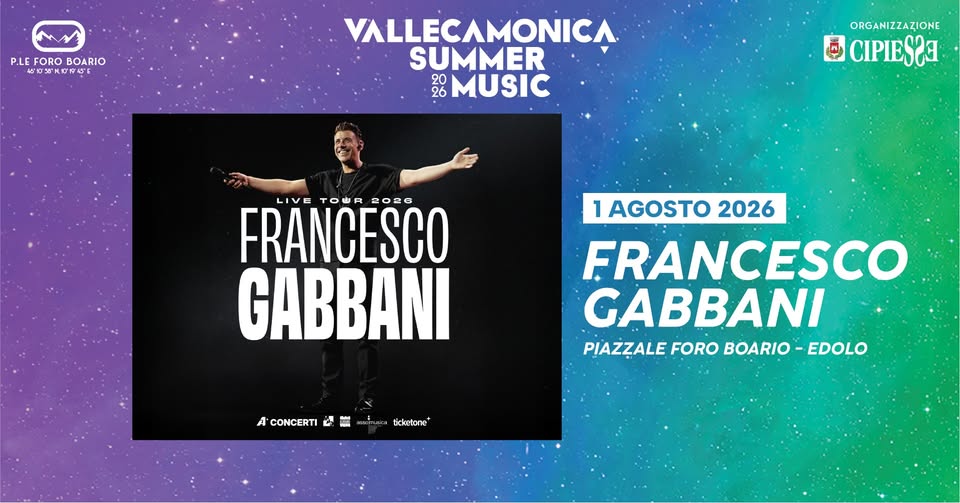 Evento Francesco Gabbani In “Live Tour 2026” Locandina Francesco Gabbani In “Live Tour 2026” - sabato 1 agosto ore 21:00 - 23:00