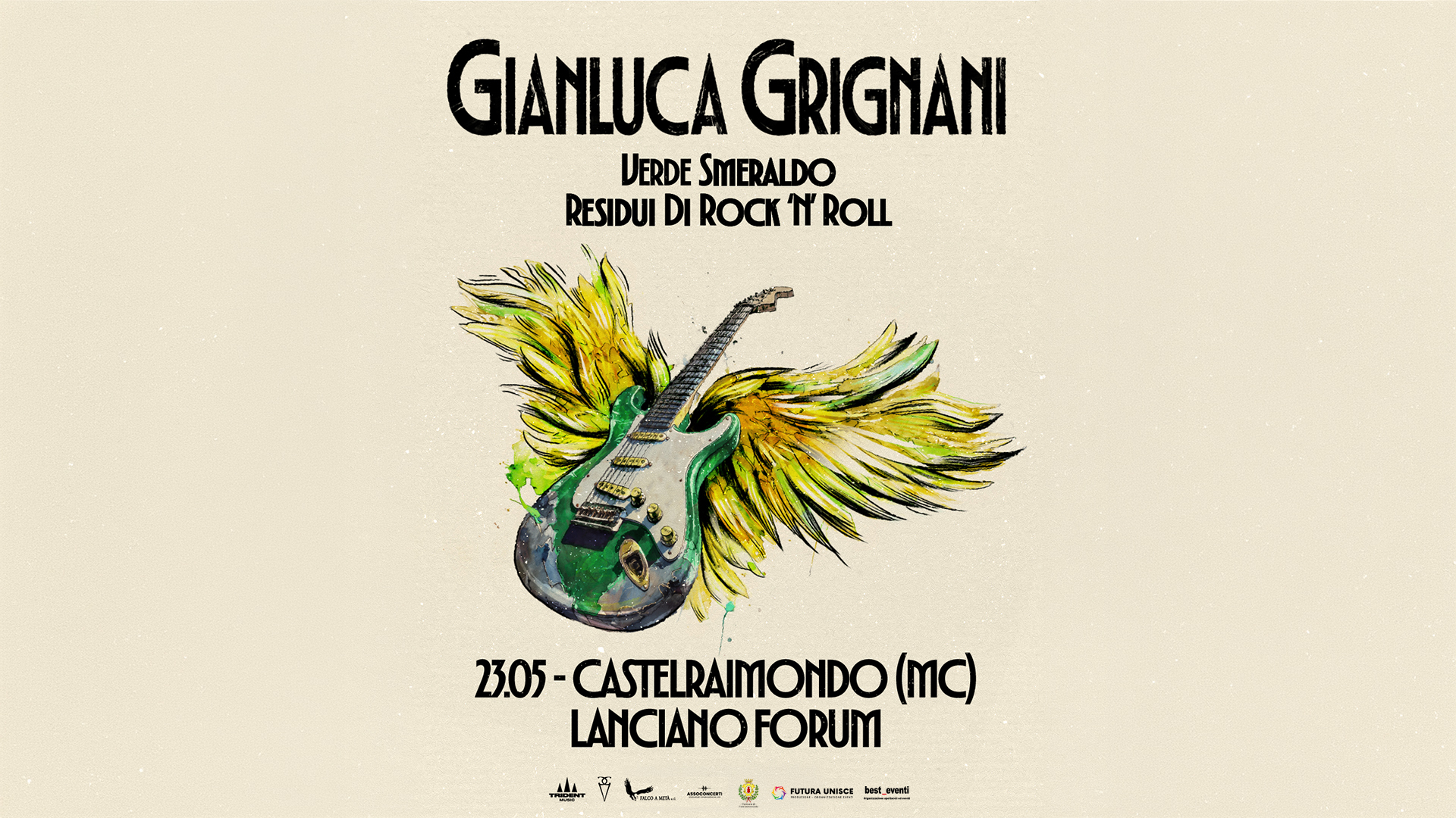 GIANLUCA GRIGNANI in concerto Potrebbe essere un disegno raffigurante il seguente testo "GIANLUCA GRIGNANI DERDE SMERALDO RESIDUI DI ROCK א' ROLL 23.05- 25.05-CASTELRAIMONDO(MC (MC) LANCIAMOFORUM LANCIANO FORUM meoto DFUTLRALNISCS best bestevers F"