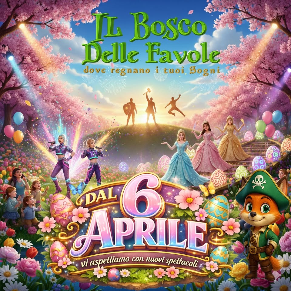 Il Bosco Delle Favole – Magica Pasquetta – Potrebbe essere un'immagine raffigurante il seguente testo "TL Bosco Delle Favole dove regnano i tuoi. Sogni: PALGRA ම්ලා GDAL 6 APRILE Viaspetiamo.con.muovispeiacoti vi aspetliamo con nuovi spettacoli"