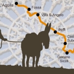 Il Cammino di Pietro 2026 Potrebbe essere un disegno raffigurante rinoceronte, cammello, mappa e il seguente testo "L'Aquila Fossa Villa S.Angelo S Beffi 安 Castelvecchio Subequo Raiano Goriano Sicoli Sulmona"