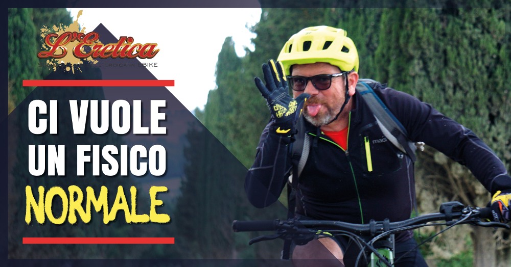 l’Eretica 2026 – sulle strade dell’Eroica in Ebike Potrebbe essere un'immagine raffigurante bicicletta e il seguente testo "Grctica BIKE CI VUOLE UN FISICO NORMALE"