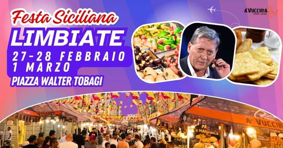 LIMBIATE – FESTA SICILIANA Potrebbe essere un'immagine raffigurante pasta, burrito e il seguente testo "AVUCCIRIAN Festa Siciliana LIMBIAT TE 27-28 FEBBRAIO 1 MARZO PIAZZA WALTER TOBAGI PA DI MANUUNLE A' VUCCIP"