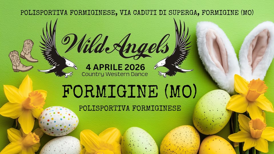 Modena Country, polisportiva formiginese Potrebbe essere un'immagine raffigurante il seguente testo "POLISPORTIVA FORMIGINESE, POLISPORTIVAFORMIGINESE, VIA CADUTI DI SUPERGA, FORMIGINE (MO) WildAngels Wild 4 APRILE 2026 Country Western Dance FORMIGINE (MO) POLISPORTIVA FORMIGINESE"