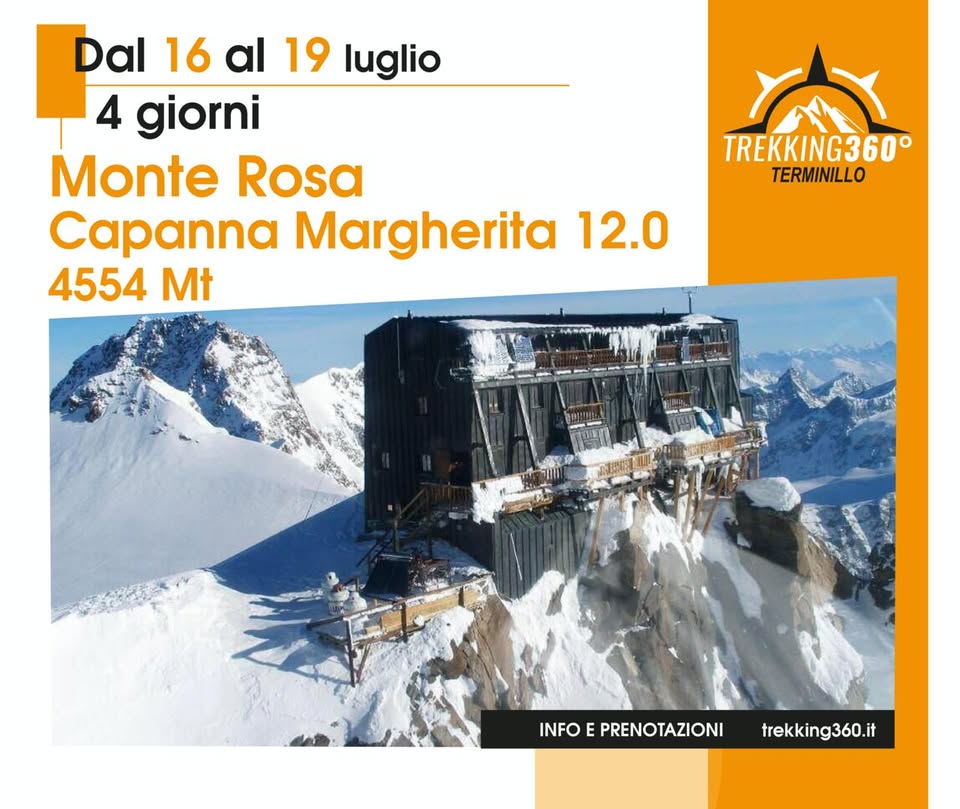 Evento Monte Rosa 12.0 con Terminillo Trekking 360, Capanna Margherita 4554 Mt (Con Guide Alpine) Locandina Monte Rosa 12.0 con Terminillo Trekking 360, Capanna Margherita 4554 Mt (Con Guide Alpine) - da giovedì 16 luglio - domenica 19 luglio 2026 ore 10:00 ore 18:00