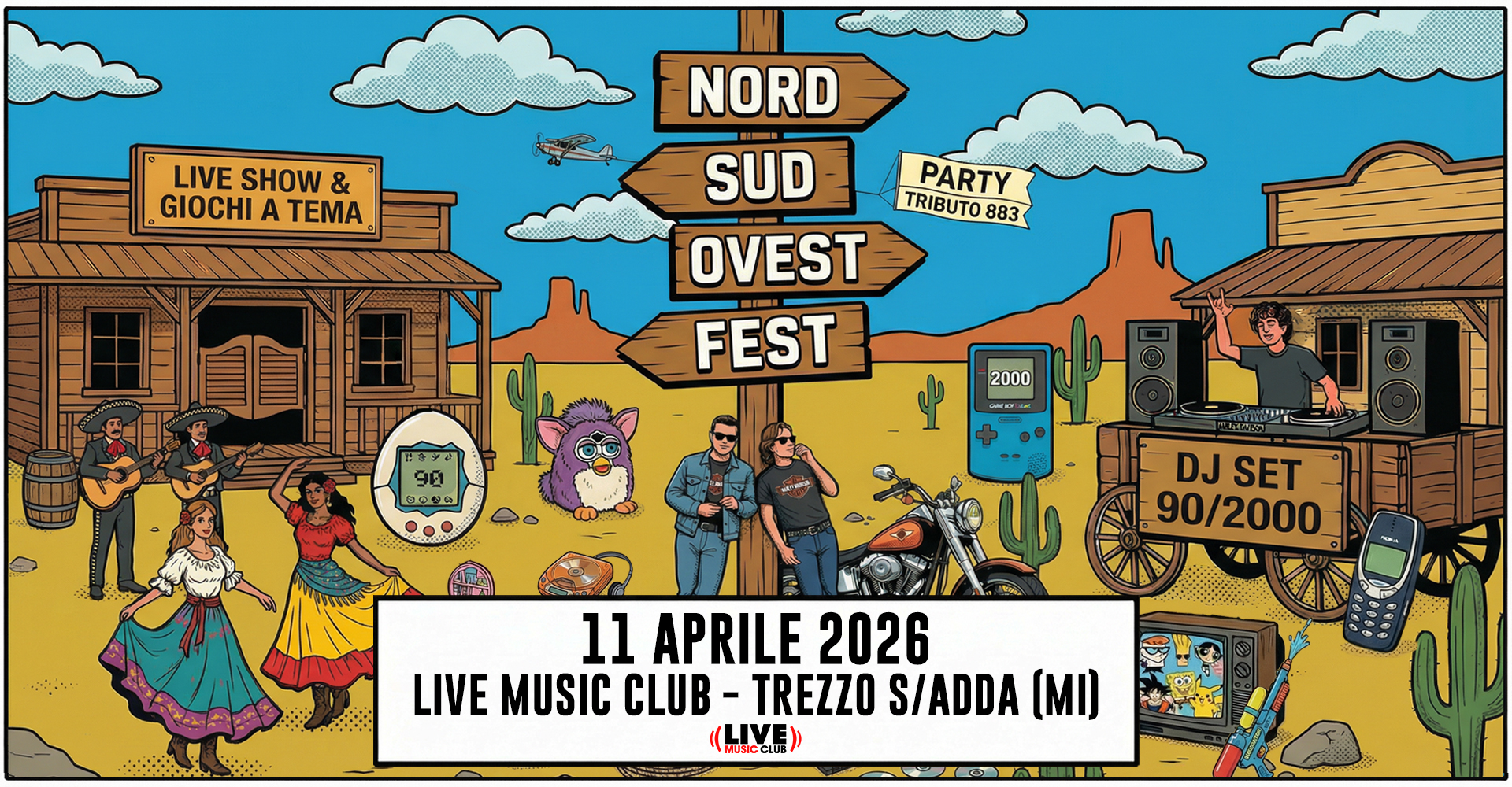 Nord Sud Ovest Fest @ Live Music Club, Trezzo S/A (MI) – 11 aprile 2026 Potrebbe essere un'immagine raffigurante il seguente testo "LIVE SHOW LIVESHOW& & GIOCHI A TEMA PARTY TRIBUTO 883 NORD SUD OVEST -IM FEST はる 1每44 90 성산청소 2000 & SE בושי DJSET DJ SET 90/2000 11 APRILE 2026 LIVE MUSIC CLUB- TREZZO S/ADDA (MI) (LIVE) MUSIC"