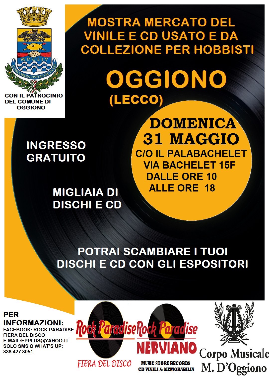 Evento Oggiono (Lecco) 31 Maggio 2026, Mostra Mercato Del Vinile E Cd Per Hobbisti Locandina Oggiono (Lecco) 31 Maggio 2026, Mostra Mercato Del Vinile E Cd Per Hobbisti - domenica 31 maggio ore 10:00 - 18:00