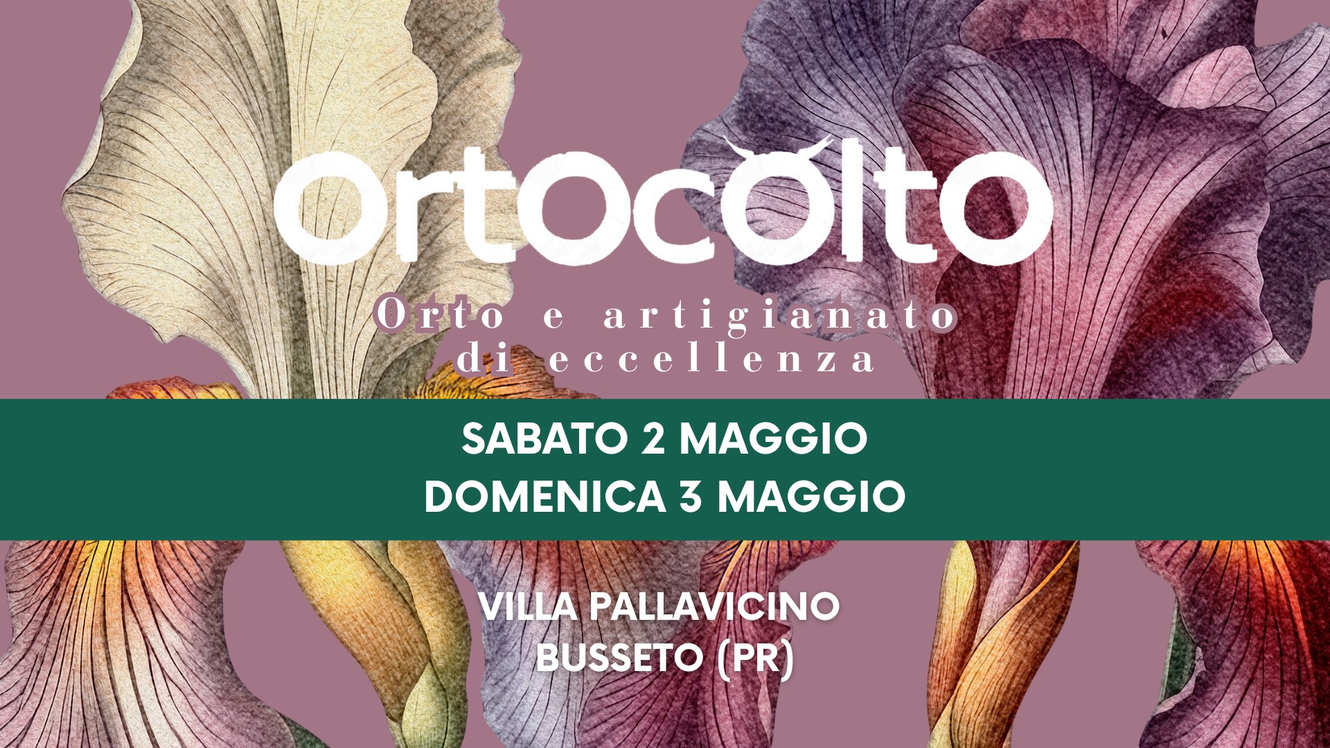 Ortocolto 2026 – Edizione Primavera Potrebbe essere un'immagine raffigurante il seguente testo "ortocólto Orto e artigianato di eccellenza SABATO 2 MAGGIO DOMENICA 3 MAGGIO VILLA PALLAVICINO BUSSETO (PR)"