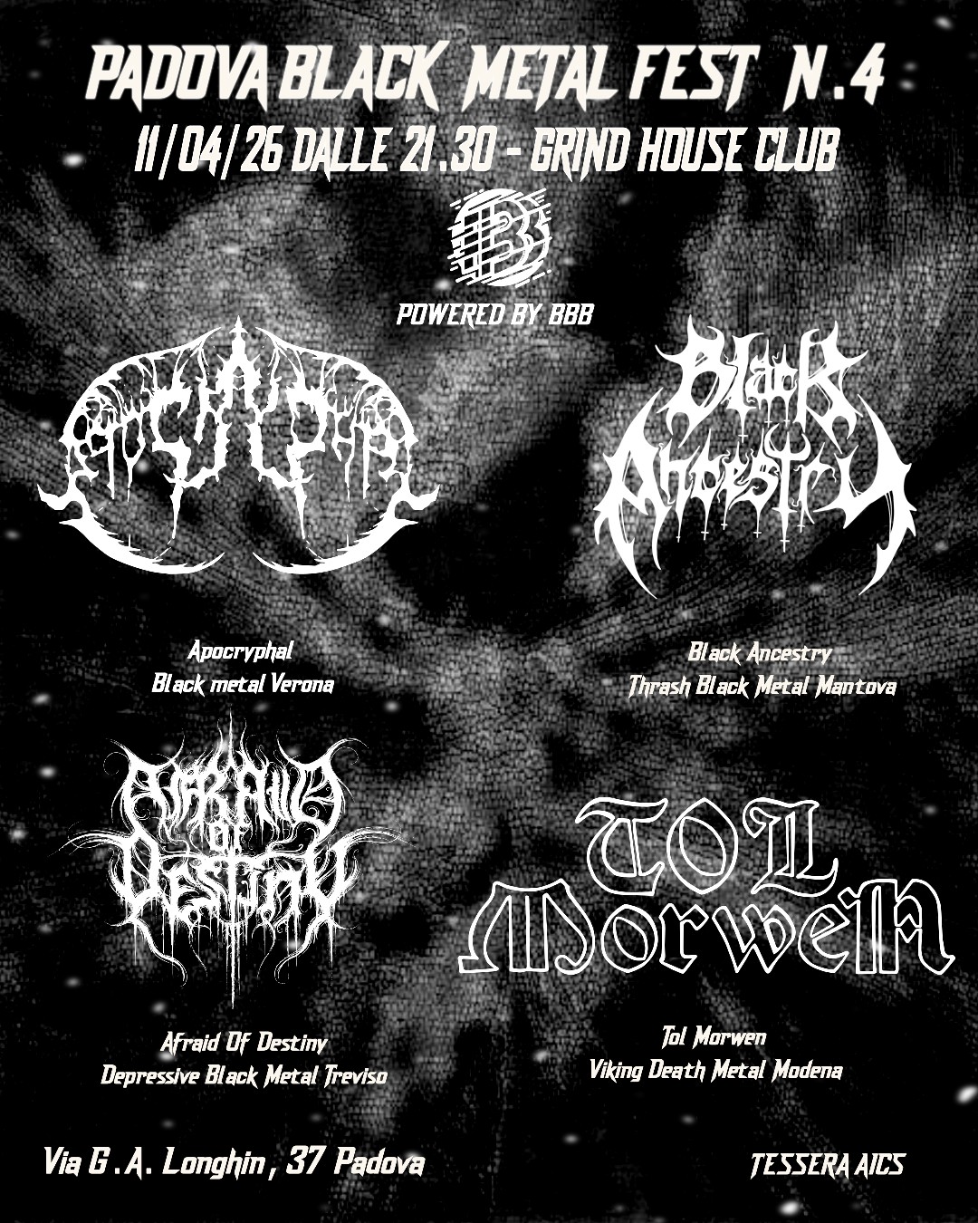Evento Padova Black Metal Fest N.4 Locandina Padova Black Metal Fest N.4 - sabato 11 aprile ore 21:30 - 23:30