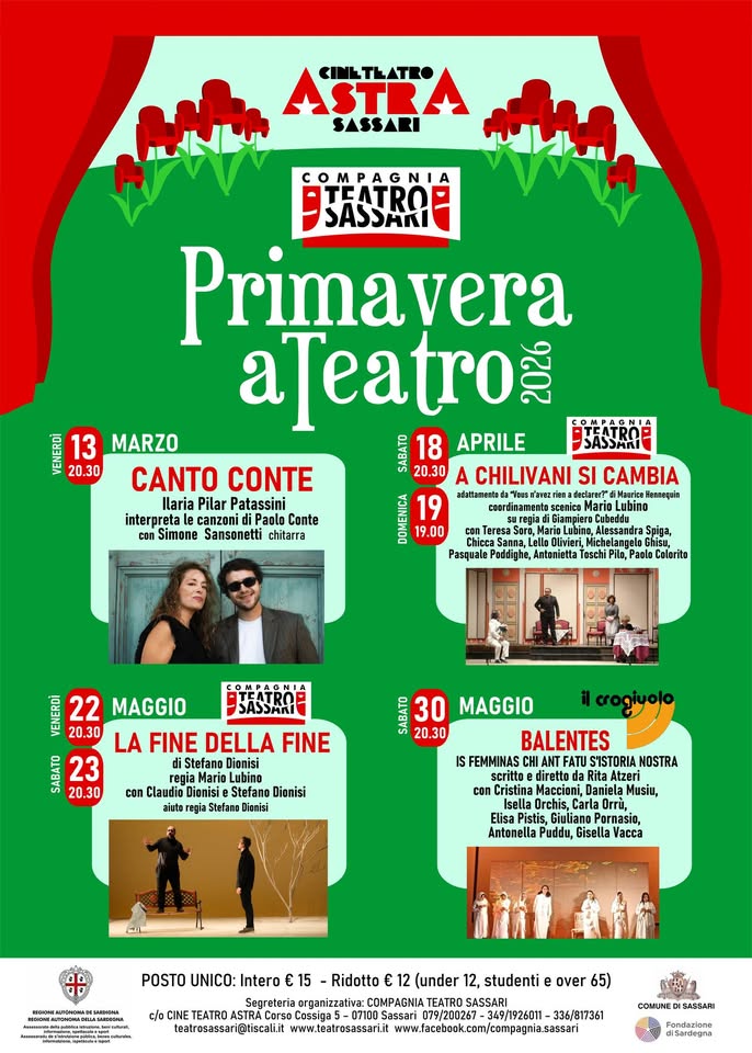 Evento Primavera A Teatro 2026 – Compagnia Teatro Sassari Locandina Primavera A Teatro 2026 – Compagnia Teatro Sassari - da venerdì 13 marzo - sabato 30 maggio 2026 ore 20:30 ore 22:30