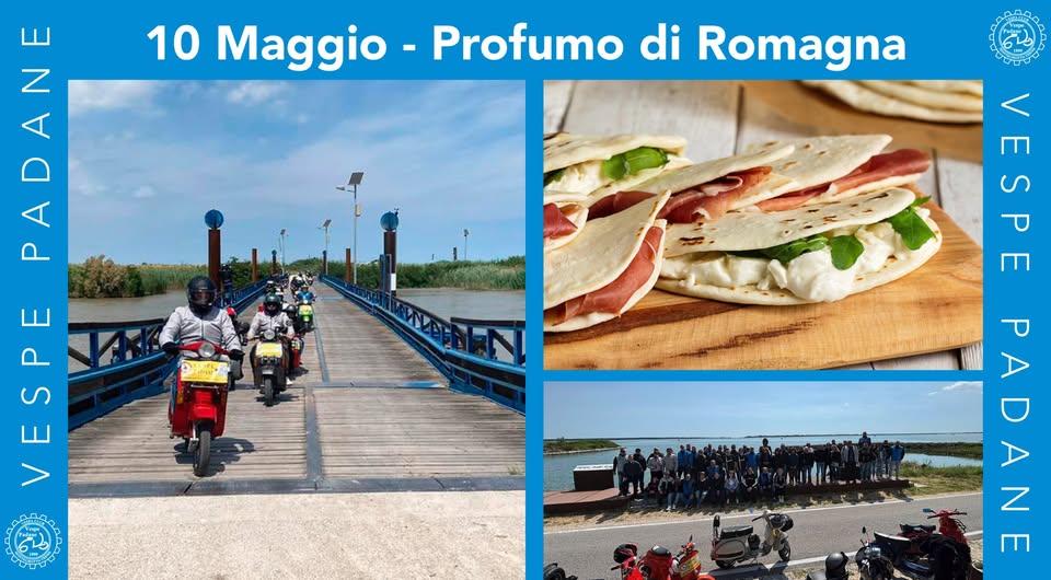 Profumo di Romagna Potrebbe essere un'immagine raffigurante il seguente testo "Profumo di Romagna RAAA នក z 10 Maggio ES VESPE VESPE PADANE A PA N"