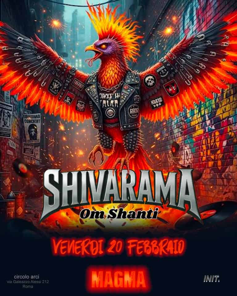 SHIVARAMA in concerto_release album ||| Magma club Potrebbe essere un'immagine raffigurante il seguente testo "。家护国意 DAMO U AИAЛ KOЛTB 첫주로 PRI SHINARAMA OmShanti circolo circoloarci arci VENERDI 20 FEBBRAIO MAGMA"