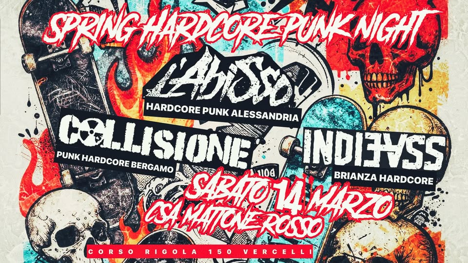 SPRING HARDCORE PUNKNIGHT # L’ABISSO + COLLISIONE + INDIEASS # Potrebbe essere un contenuto grafico raffigurante folla e testo