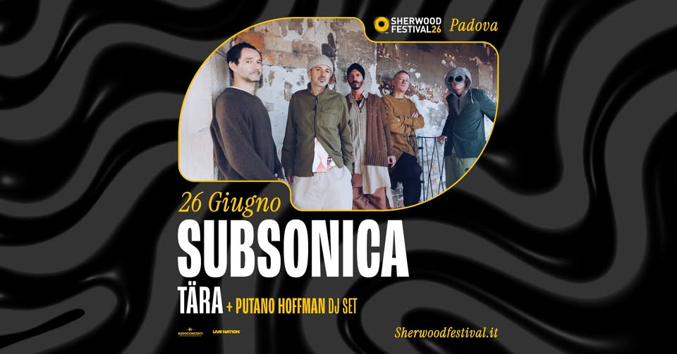 SUBSONICA – “Terre Rare 96-26” | 26 Giugno 2026 | Sherwood Festival, Padova Potrebbe essere un'immagine raffigurante una o più persone, tromba e testo