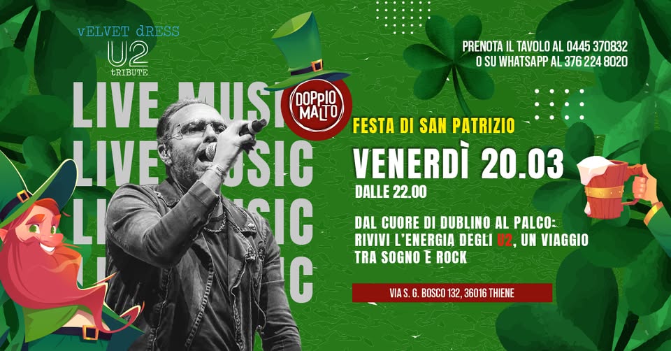 Evento VELVET DRESS – U2 Tribute al Doppio Malto Locandina VELVET DRESS – U2 Tribute al Doppio Malto - venerdì 20 marzo ore 22:00 - 03:00