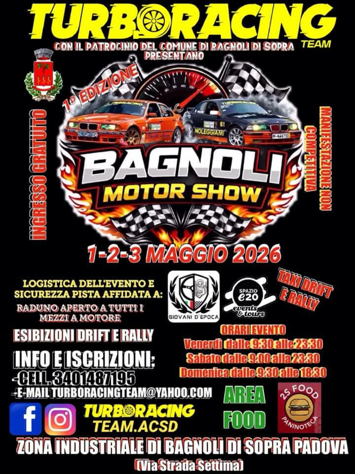 1° BAGNOLI MOTOR SHOW 1-2-3 MAGGIO 2026 Potrebbe essere un'immagine raffigurante il seguente testo "TURBO RACING TEAM work in progress"