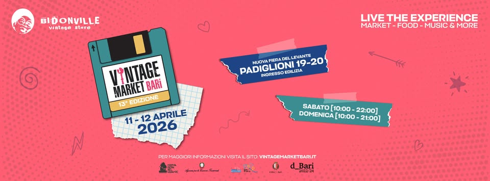 Evento 11 – 12/04 Vintage Market Bari Locandina 11 – 12/04 Vintage Market Bari - da sabato 11 aprile - domenica 12 aprile 2026 ore 10:00 ore 21:00